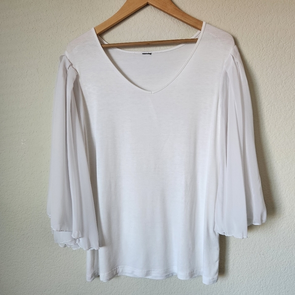 White Oversized T-Shirt Blouse with Sheer 3/4 Bell Sleeve - Picture 1 of 4